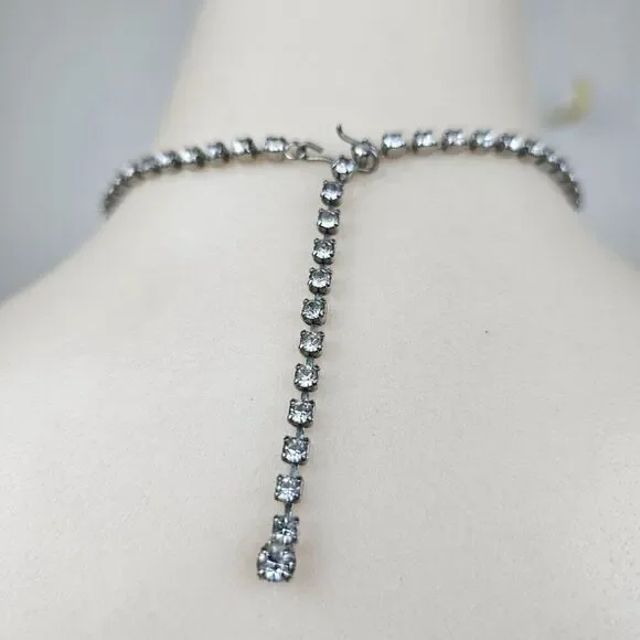 Vintage 3 Row Clear Crystal Rhinestone Collar Choker Necklace Retro 60s 15" Long - Picture 2 of 9